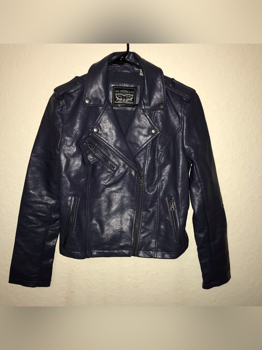 Levi Strauss Womens Moto Jacket Navy Blue Faux Leather Biker Style Size Small